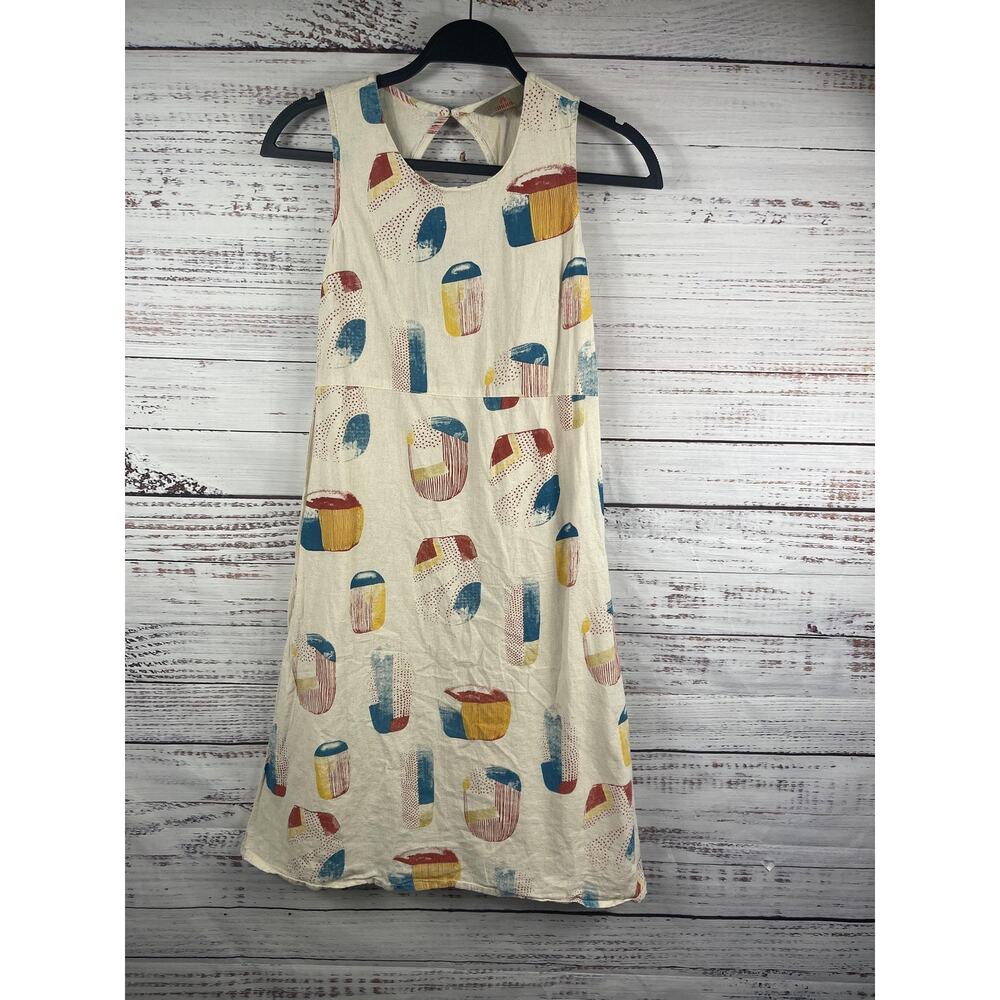 Anouk Dress Women's Size S Cream Multicolor Abstract Print Linen Blend A-Line